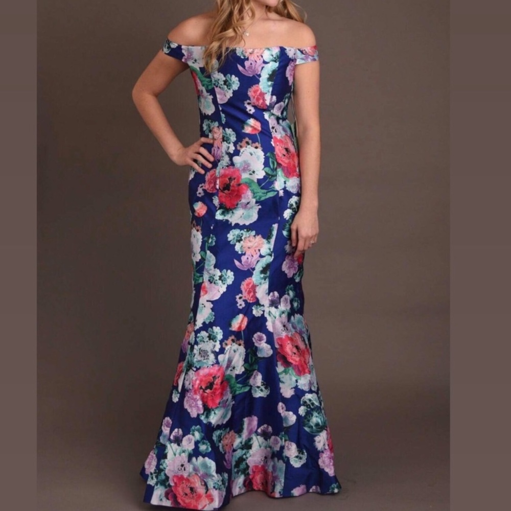 Off The Shoulder Floral Print Satin Square Neck Corset Back Hourglass Prom Dress - Picture 3 of 14